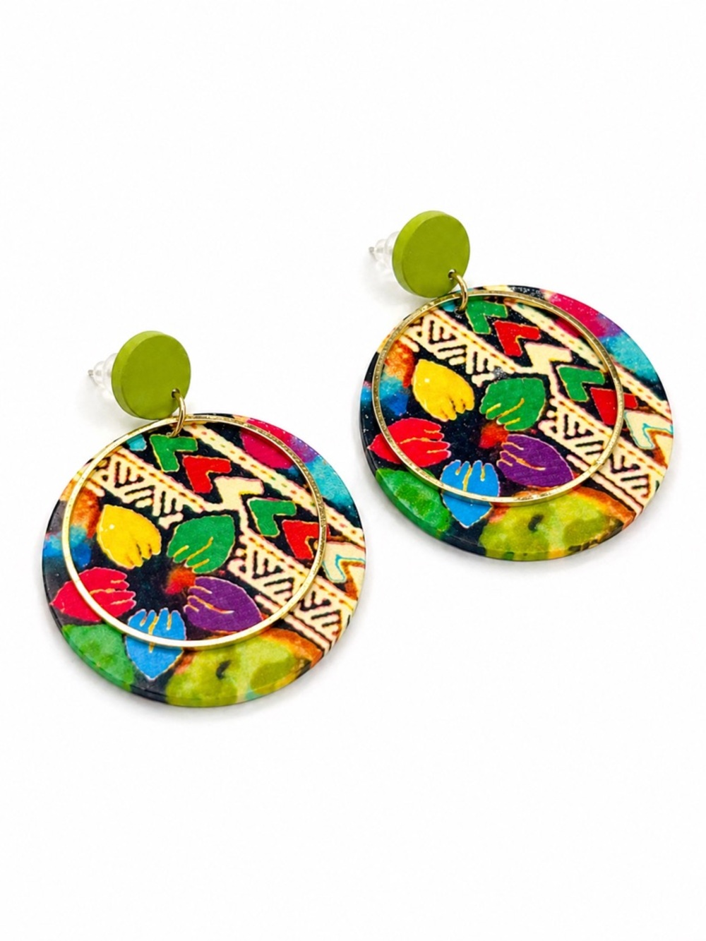 Colorful Boho Floral Disc Drop Earrings Gold Hoop Statement